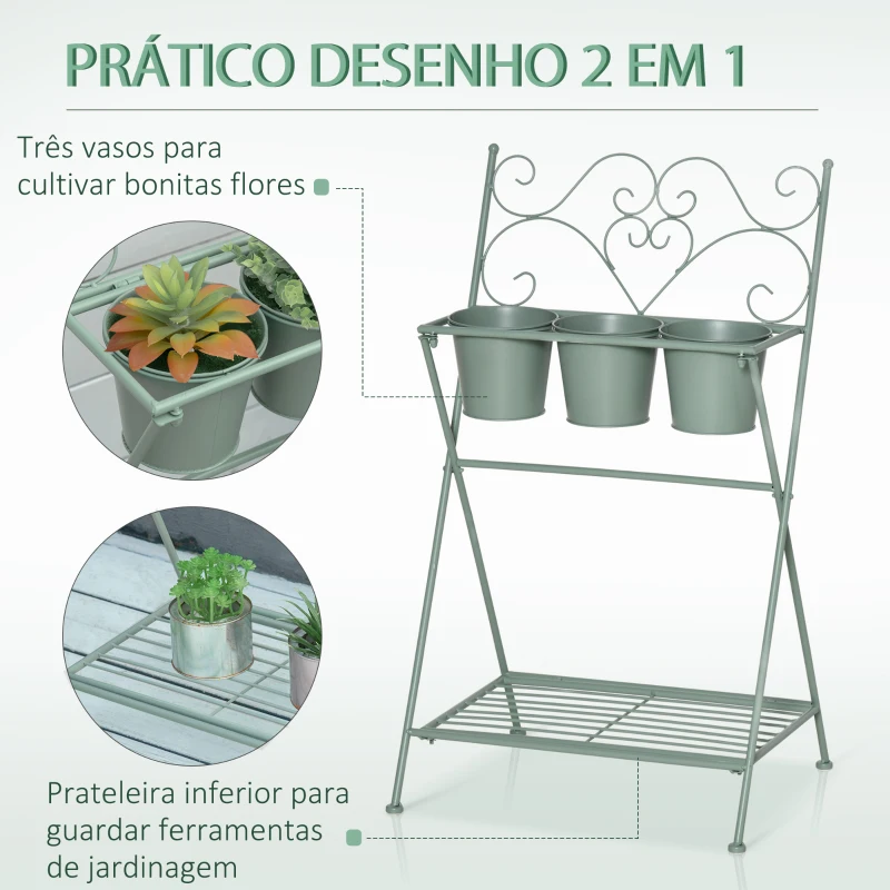 Outsunny Suporte de Metal para Plantas Dobrável com 3 Vasos Incluidos e Prateleira Inferior Suporte para Vasos de Flores Decorativo para Interior e Exterior 47x37x78,5cm Verde