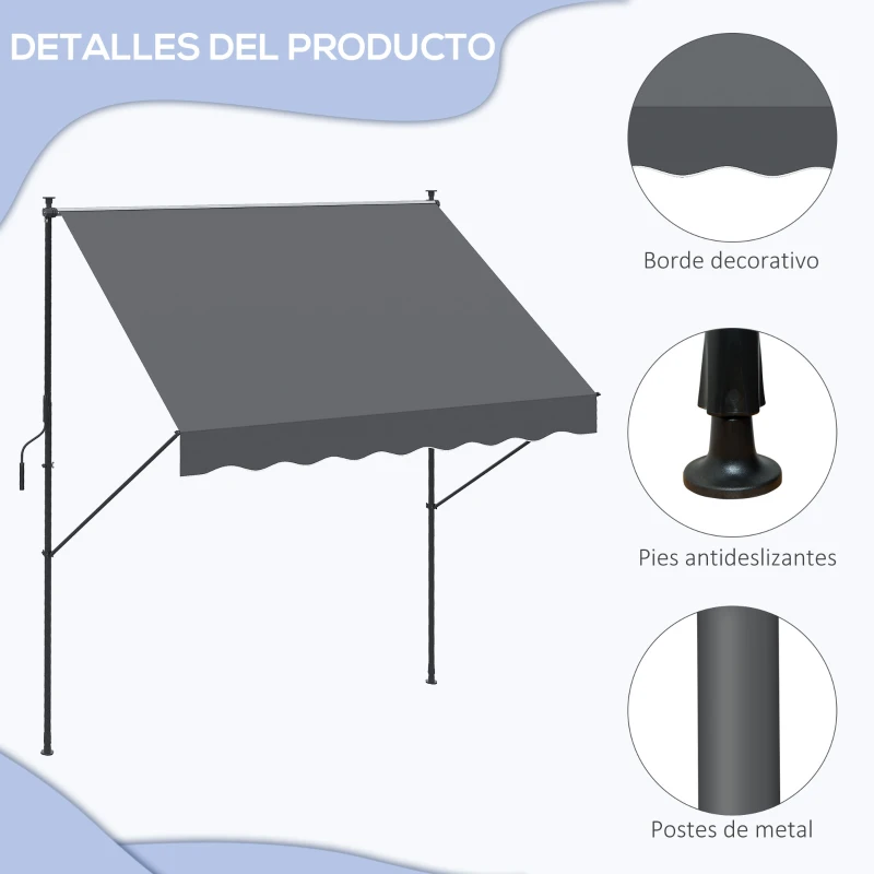 Outsunny Toldo Manual Retráctil 200x175x210-310 cm Ajustable con Manivela Protección Solar UV40+ para Balcón Terraza Gris