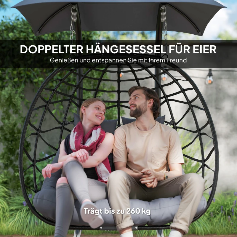 Outsunny Hängestuhl, Faltbarer Korbstuhl mit Kissen, Stahlrahmen, Sonnendach, bis zu 260 kg belastbar, Dunkelgrau