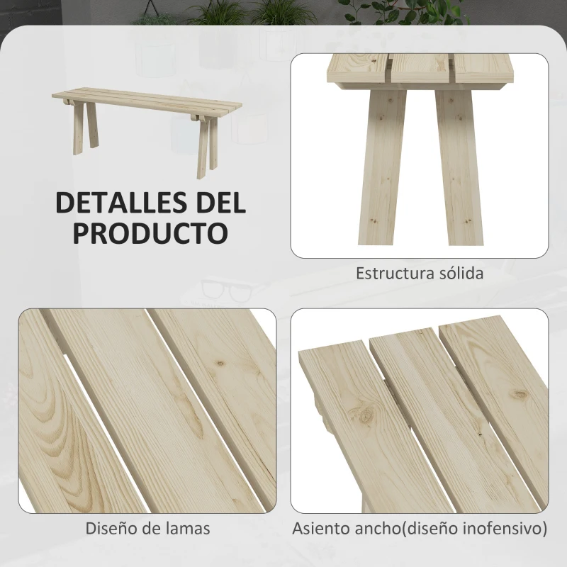 Outsunny Banco de Madera de 2 Plazas Carga 220 kg Banco de Exterior para Jardín Patio Terraza 130x38x45 cm Natural