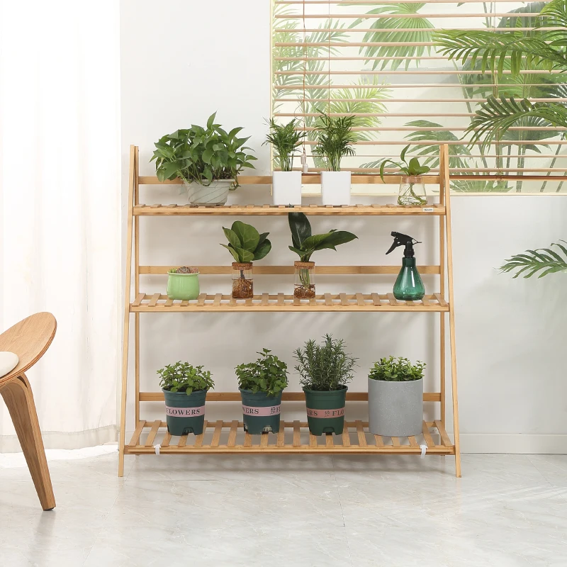 Outsunny Soporte para Plantas de Bambú Escalera para Flores Plegable para Interior y Exterior 100x39x97 cm Natural