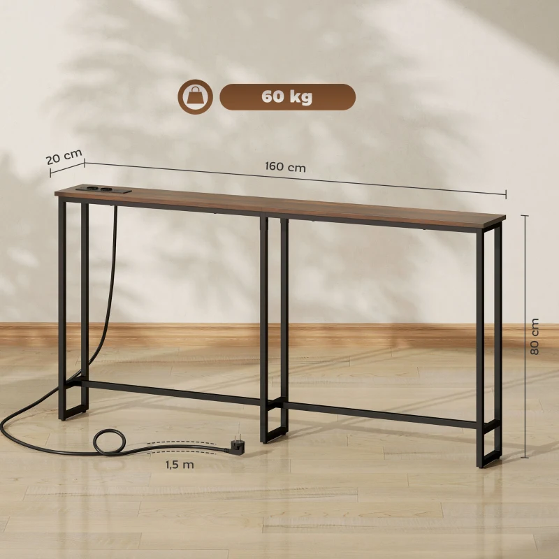 HOMCOM Smalle Consoletafel met Oplaadstation, Industriële Stijl, Stalen Frame, Bruin(m-3)
