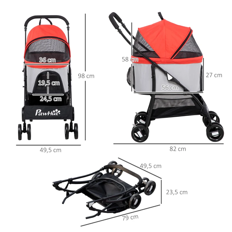 PawHut Carrito para Perros Pequeños 3 en 1 con Vagón Desmontable Cesta de Almacenaje Correas de Seguridad y Cojín Rojo