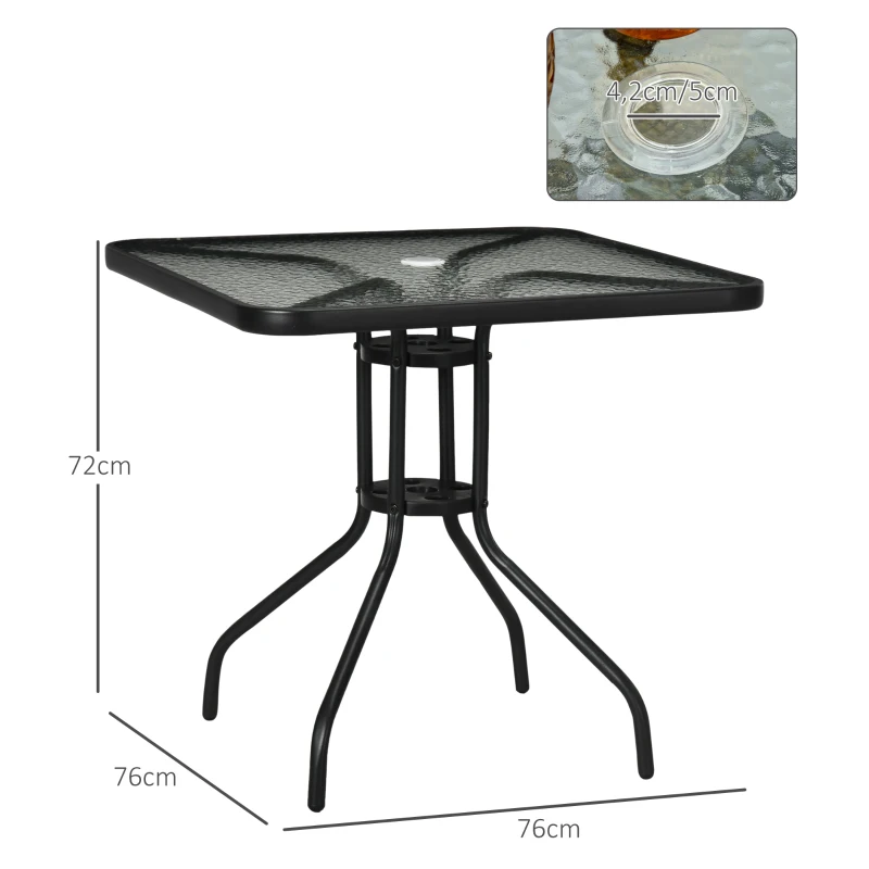 Outsunny Mesa de Jardín Cuadrada 76x76x72 cm con Agujero para Sombrilla y Encimera de Vidrio Templado para Patio Terraza Negro