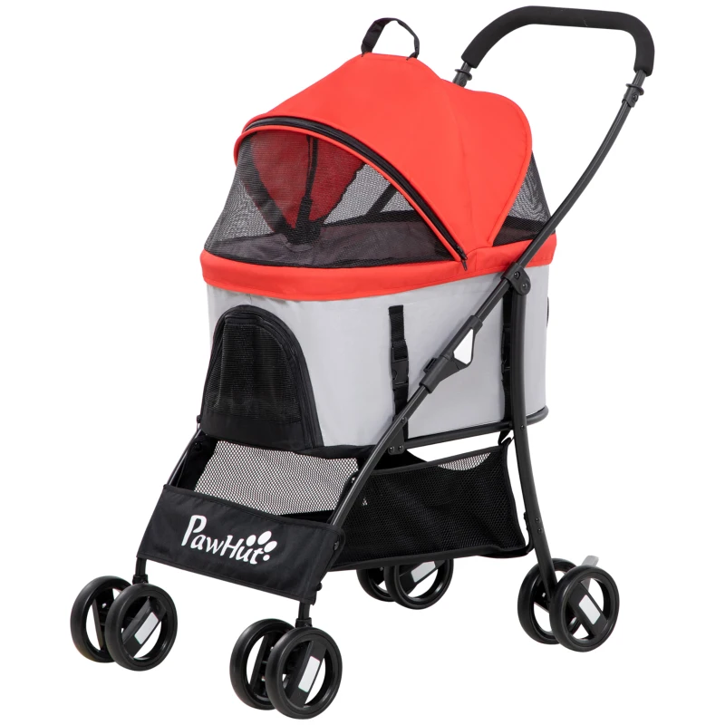 PawHut Carrito para Perros Pequeños 3 en 1 con Vagón Desmontable Cesta de Almacenaje Correas de Seguridad y Cojín Rojo