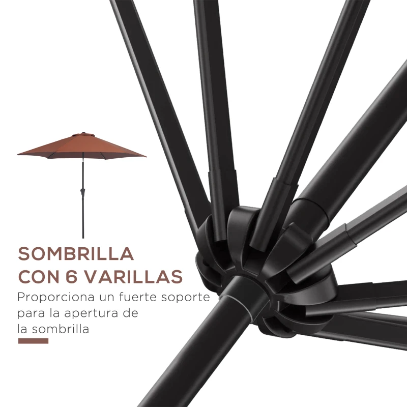 Outsunny Sombrilla para Jardín Ø260x235 cm Parasol de Aluminio Reclinable con Manivela y 6 Varillas de Metal Café