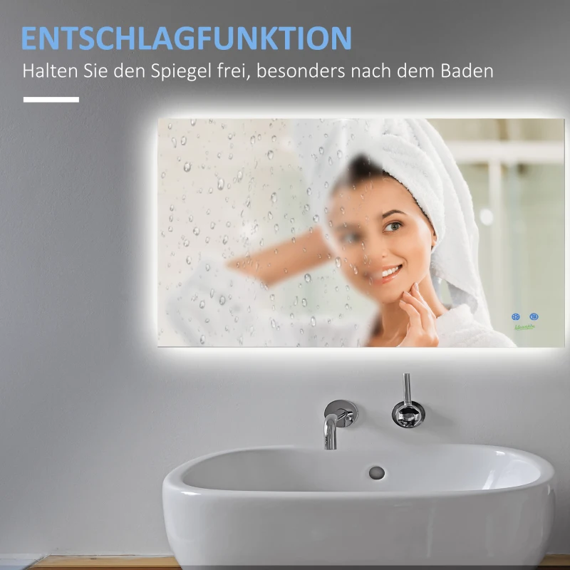 kleankin Badezimmerspiegel mit LED-Beleuchtung, Berührungsschalter, Memoryfunktion, Antibeschlag-Funktion, Silber