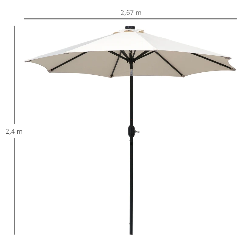 Outsunny Parasol de Terraza Ø268x238 cm con 24 Luces LED Solar Mecanismo de Inclinación Manivela y Poste Desmontable Crema