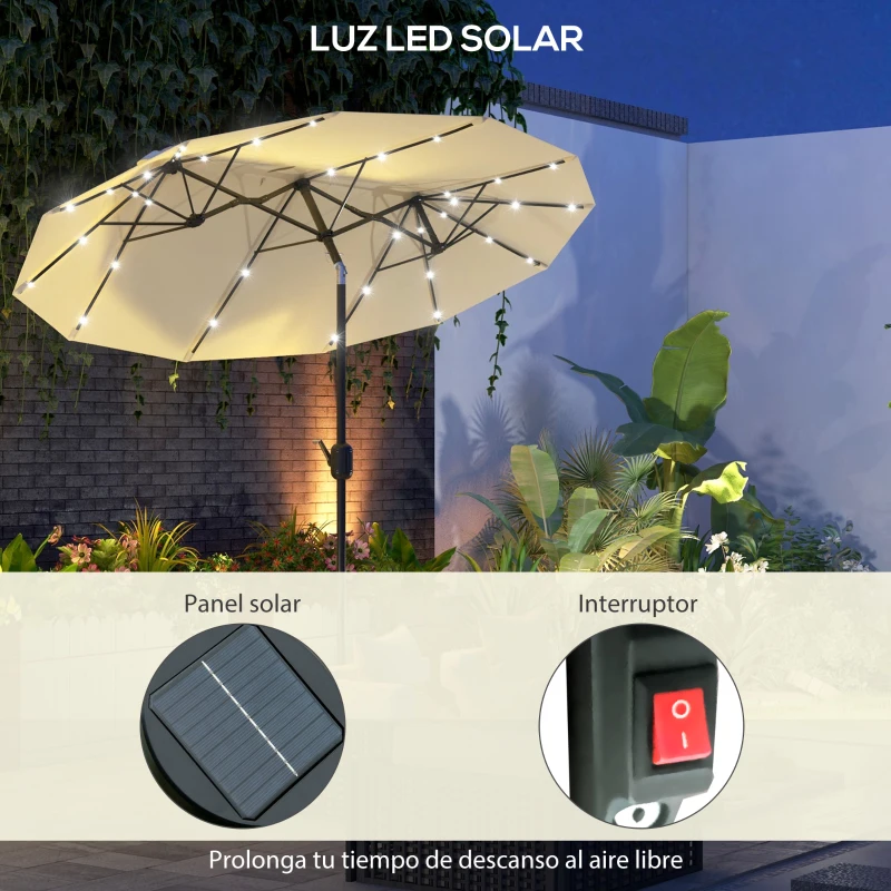 Outsunny Sombrilla Doble con Luces LED 280x146x227 cm Inclinación de 45° Manivela para Terraza Balcón Piscina Color Beige
