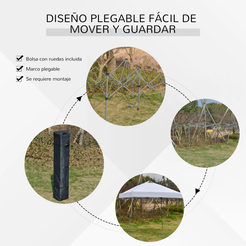Outsunny Cenador Plegable 3x3m Carpa de Jardín con Bolsa de Transporte con Ruedas Impermeable y Marco de Acero Gazebo para Exterior Fiestas Camping Blanco