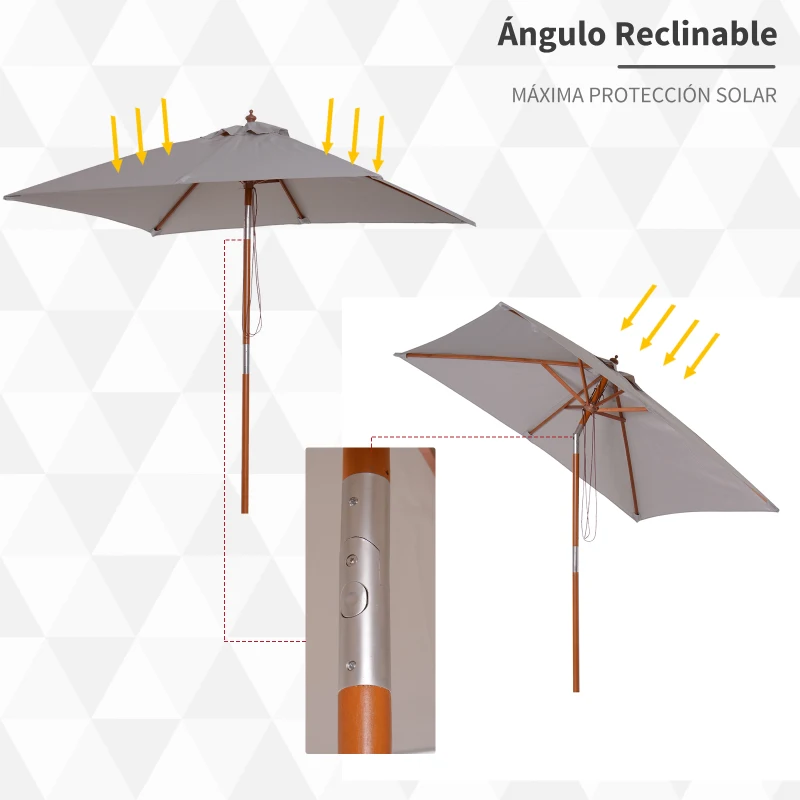 Outsunny Parasol de Terraza Rectangular Inclinable 200x150x235 cm con Anti-UV Impermeable y Poste de Madera Gris