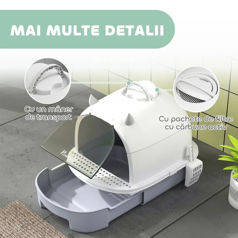 PawHut Litieră cu Capac, Tavă pentru Nisip tip Sertar cu Filtru de Carbon și Lopățică, 40,5x52x39 cm, Gri