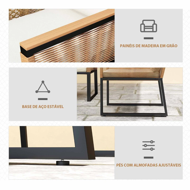 Outsunny Conjunto de Jardim 4 Peças de Vime Sintético com 2 Cadeiras 1 Sofá de 2 Lugares e Mesa de Centro Madeira e Creme