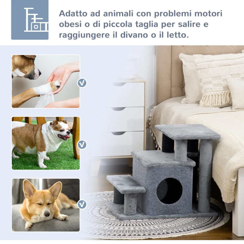 PawHut Scaletta per Cani con Gradino Rimovibile, Pallina e Area Interna, in Truciolato, 60x40x66 cm, Grigio