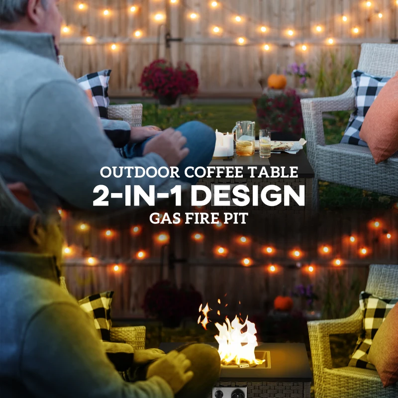 Outsunny Rattan Gas Fire Pit Table for Garden, 13 KW Smokeless Propane Fire Pit with Lid, Square Garden Coffee Table with Patio Heater for Outdoor, Patio, 58 x 58 x 33 cm, Grey