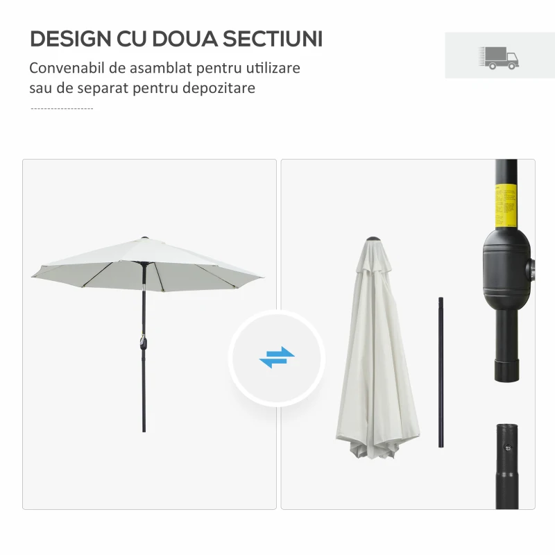 Outsunny Umbrela de Gradina inclinabila pe 3 Unghiuri, cu Manivela, Ø265x240 cm, Alb Crem