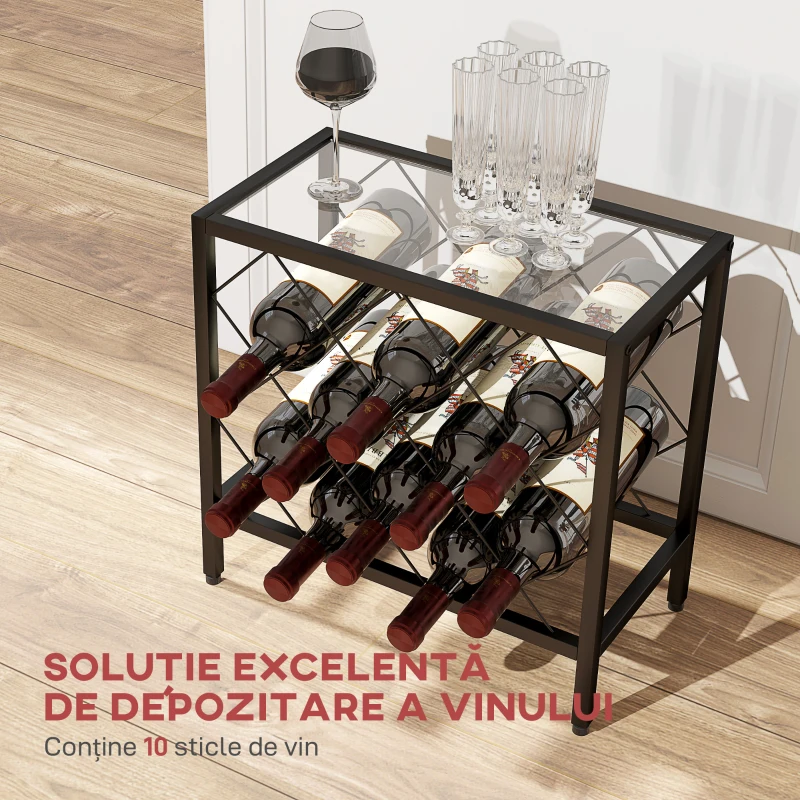 HOMCOM Suport pentru Sticle de Vin cu Blat din Sticlă Securizată și Cadru din Oțel, 41x22x41 cm, Negru
