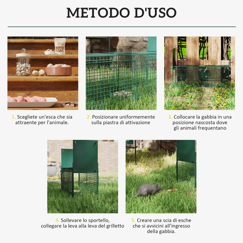 Outsunny Gabbia Trappola per Animali Vivi Piccoli con Doppia Porta e Maniglia, 60x18x20cm, Verde Scuro