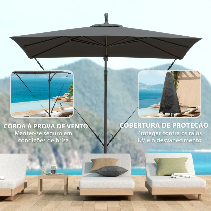 Outsunny Chapéu de Sol Excêntrico 247x247 cm com Base Cruzada Capa Ajustável Manivela Capa Protectora e Corda de Vento Cinza Escuro