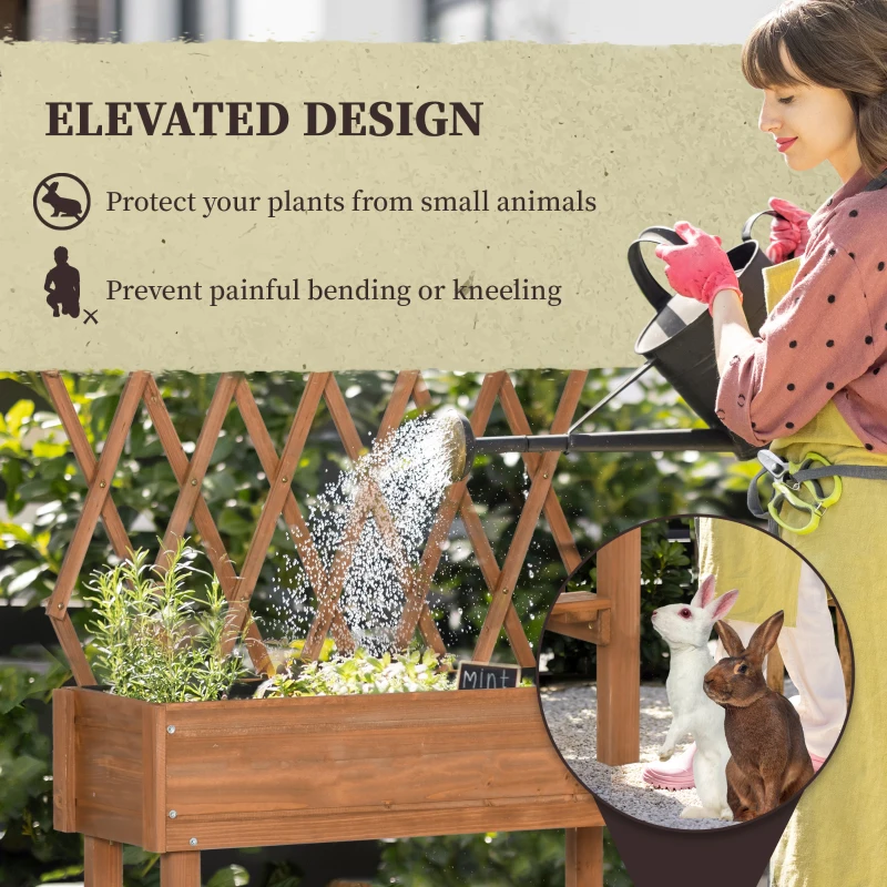 Outsunny Buitenzonnig verhoogd bed met traliewerk bloembak met plank, wielen voor balkonhout