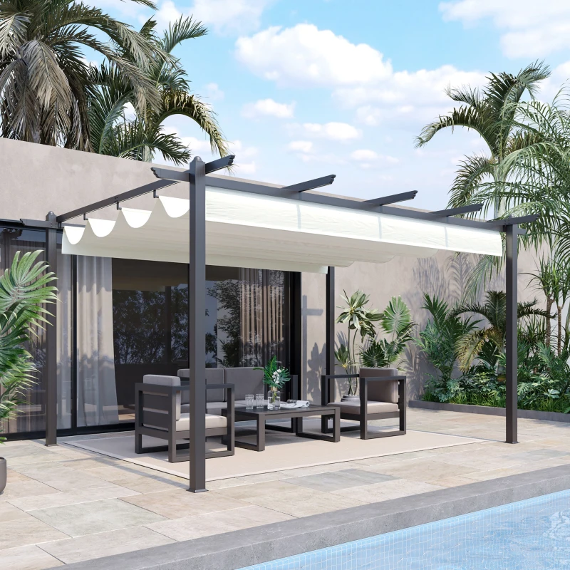 Outsunny Pérgola de Alumínio 4x3 Pérgola de Jardim com Teto Retrátil Tecido de Poliéster e 8 Orifícios de Drenagem para Pátio Terraço Exterior Creme