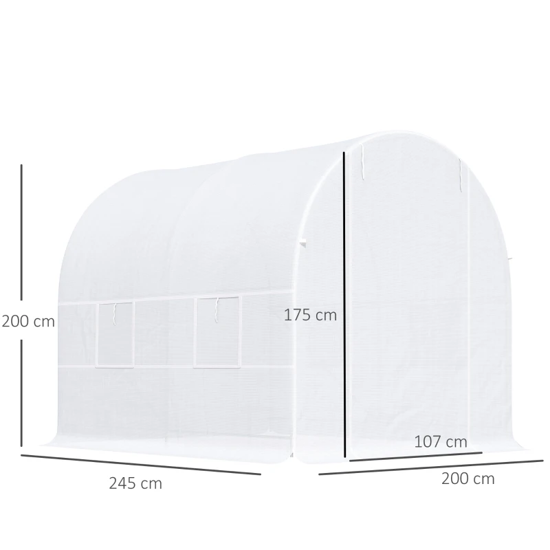 Outsunny Estufa Tipo Túnel 245x200x200cm com Portas Enroláveis e 4 Janelas Cobertura de PE Estrutura de Metal Branco