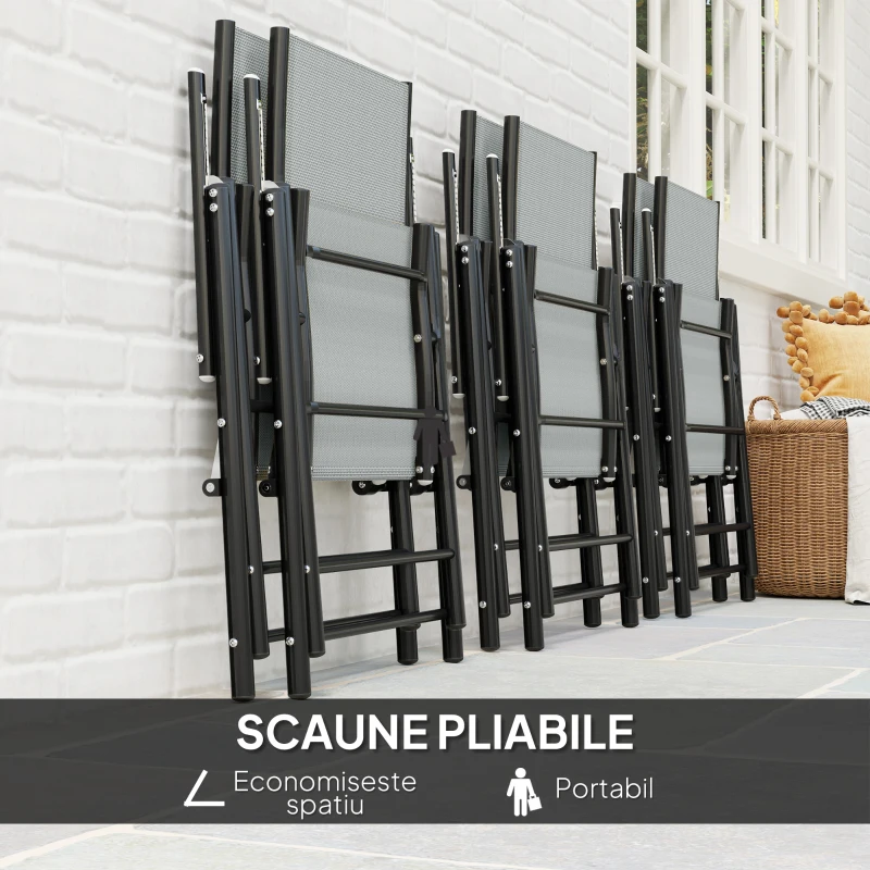 Outsunny Set pentru Grădină din 7 Piese, cu 6 Scaune Pliabile și Masă cu Orificiu pentru Umbrelă, 150x90x71 cm, Gri