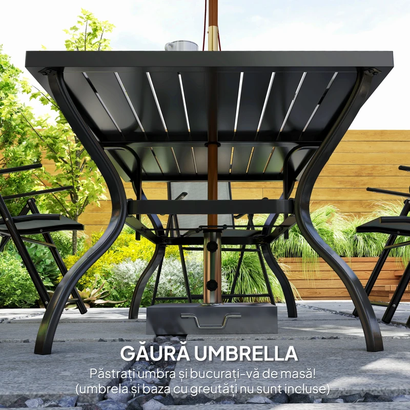 Outsunny Set pentru Grădină din 7 Piese, cu 6 Scaune Pliabile și Masă cu Orificiu pentru Umbrelă, 150x90x71 cm, Gri
