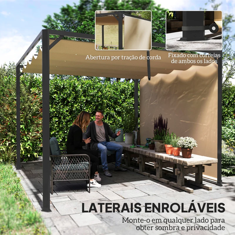 Outsunny Pérgola com Teto Retrátil Pérgola de Alumínio 3x3 m Pérgola com Cortina Enrolável Proteção UV30+ Caqui