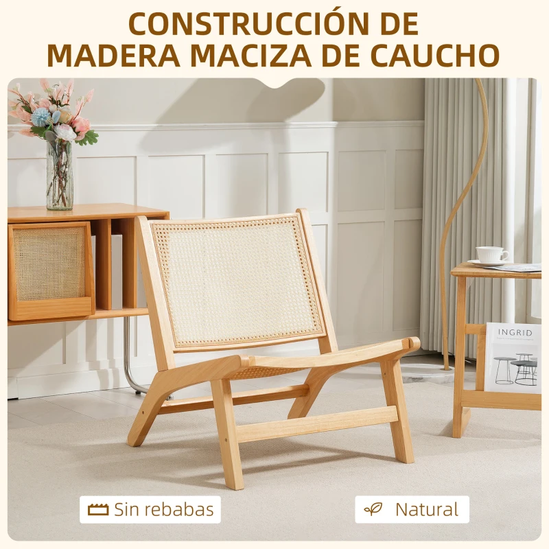 HOMCOM Butaca de Salón con Respaldo y Asiento Amplio de Ratán Marco de Madera para Dormitorio Sala de Estar Natural