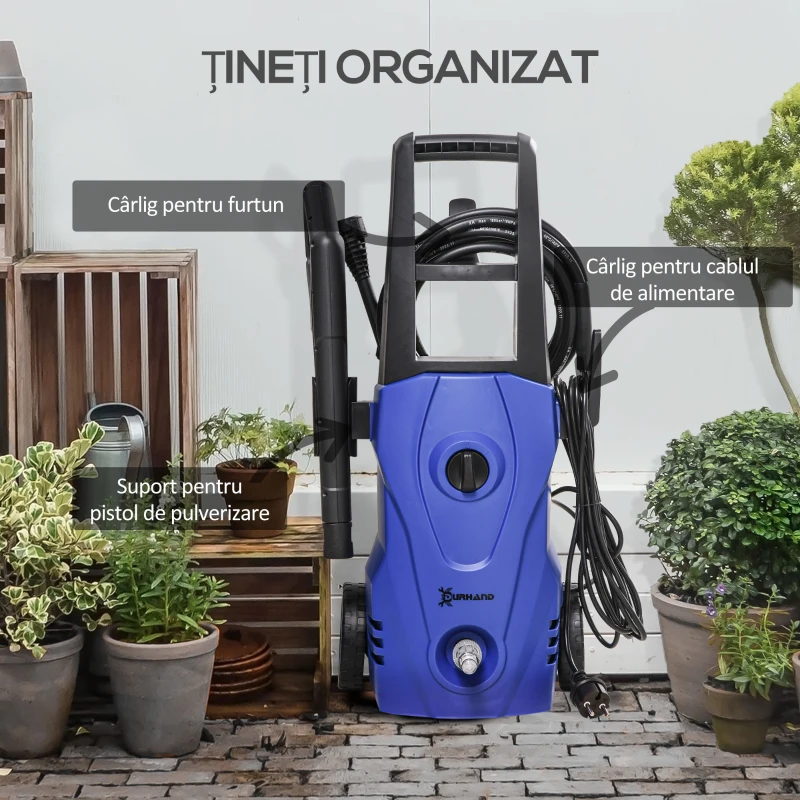 DURHAND Aparat de Spălat cu Presiune Înaltă, Duză Reglabilă și Kit de Curățare, 23.5x27x68 cm, Albastru