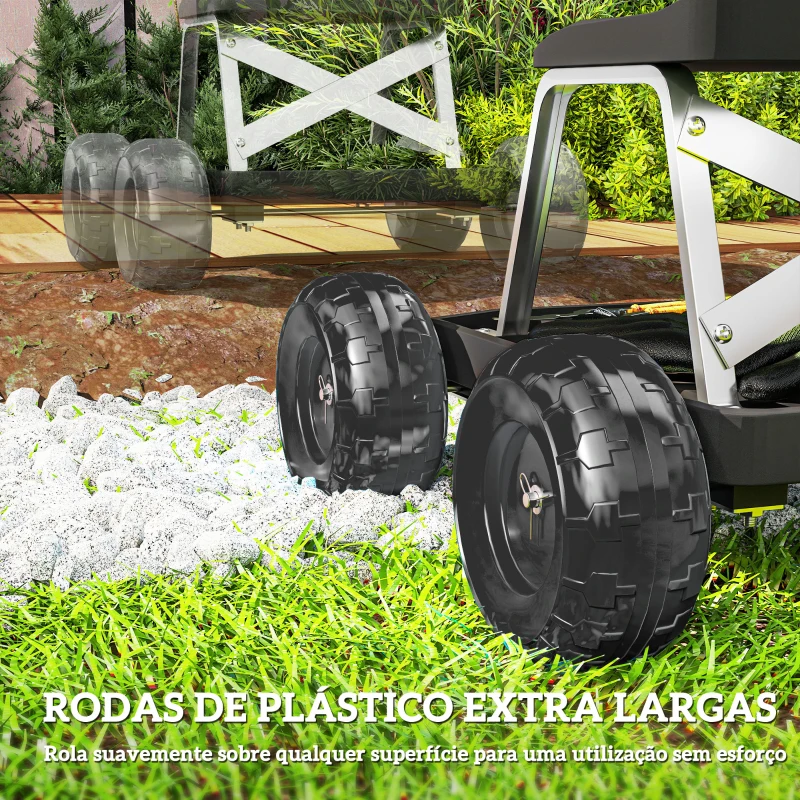 Outsunny Assento de Jardim com Rodas Banco de Jardinagem com Bandeja de Ferramentas Carrinho de Trabalho  50x49x32 cm Preto