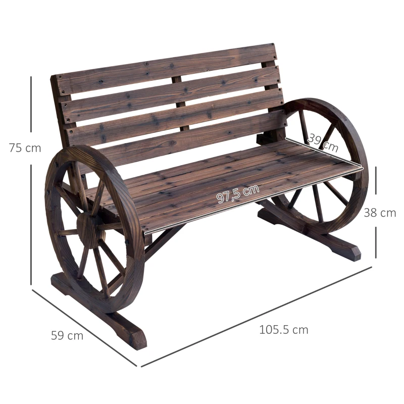 Outsunny Banco de madeira ao ar livre com apoio de braços em forma de roda Vista envelhecida para varanda Terraço 105,5x56x75 cm Marrom rústico