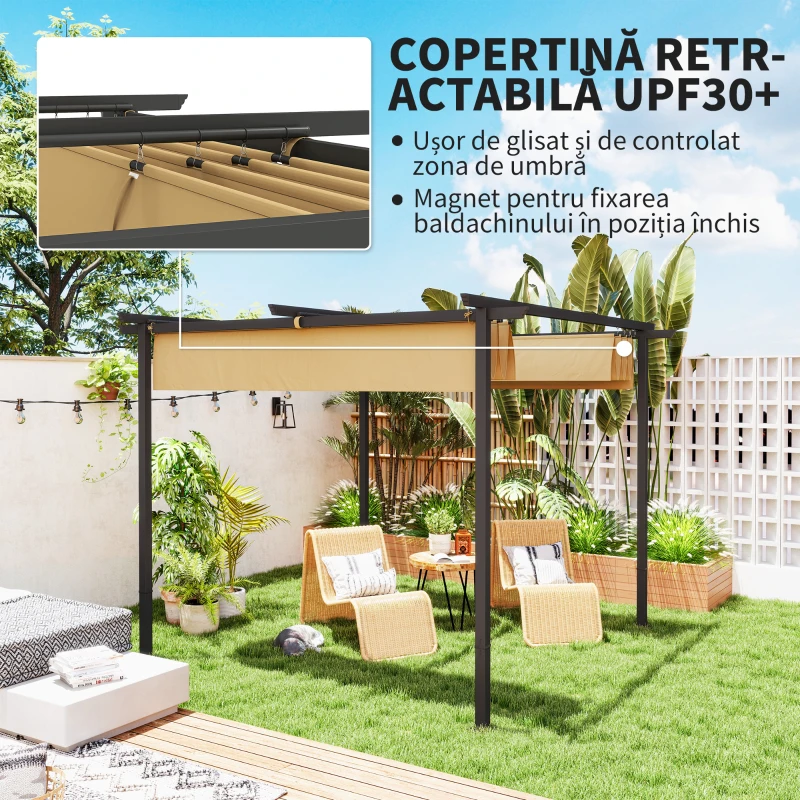 Outsunny Pergolă de Grădină cu Acoperiș Retractabil și Cadru Metalic, 300x300x227 cm, Bej(m-4)