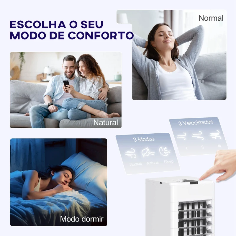 HOMCOM Climatizador  3 em 1 Portátil 60W com 3 Velocidades Temporizador até 12H Depósito de 3,8 L Oscilação de 60º 24x21,5x59 cm Branco
