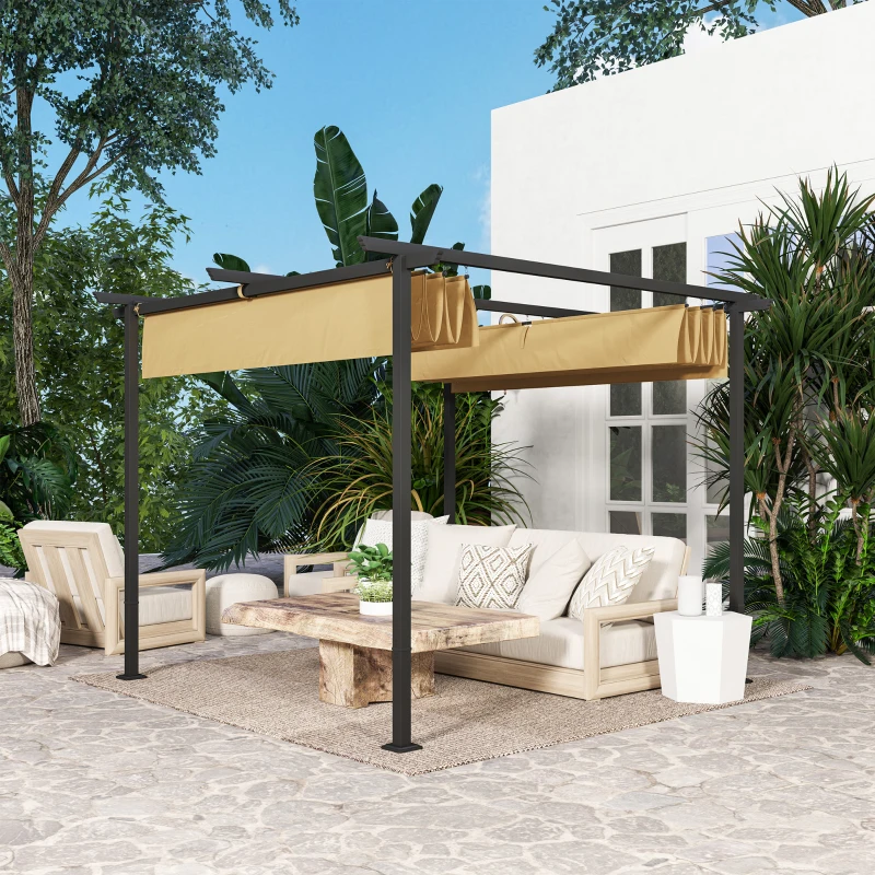 Outsunny Pergolă de Grădină cu Acoperiș Retractabil și Cadru Metalic, 300x300x227 cm, Bej(m-9)