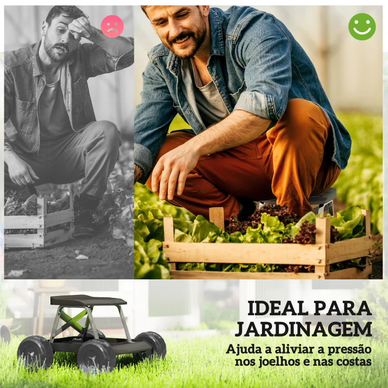 Outsunny Assento de Jardim com Rodas Banco de Jardinagem com Bandeja de Ferramentas Carrinho de Trabalho  50x49x32 cm Preto