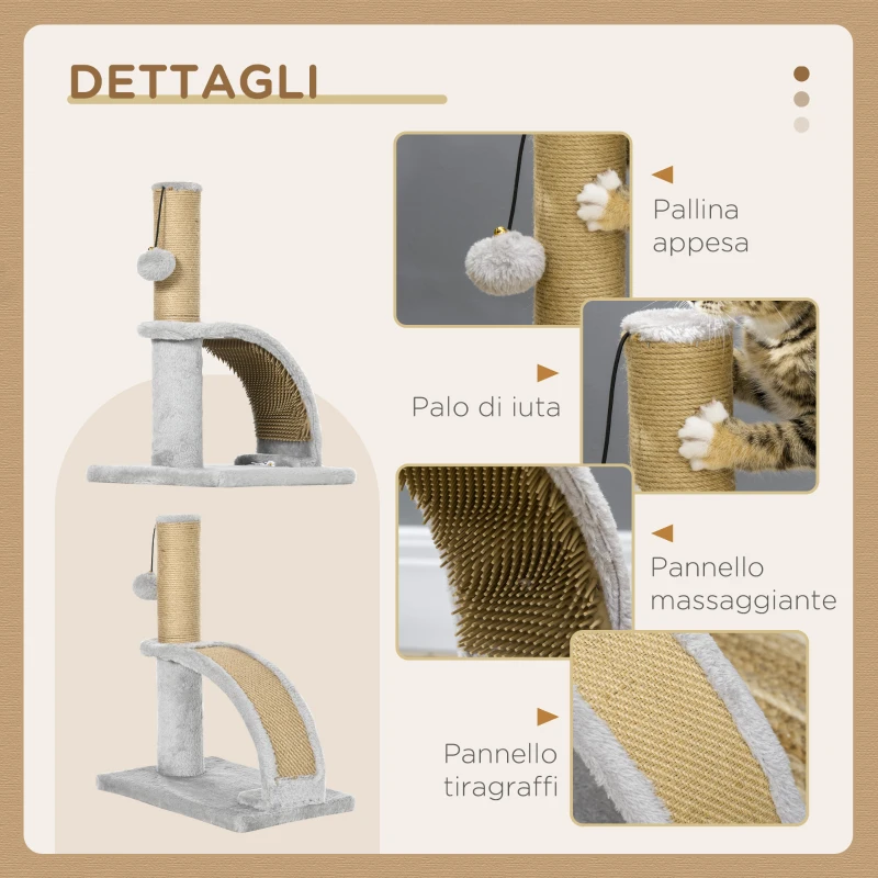 PawHut Albero Tiragraffi per Gatti con Arco Massaggiatore, Palo in Iuta e Pallina in Peluche, 34x24x43 cm, Grigio