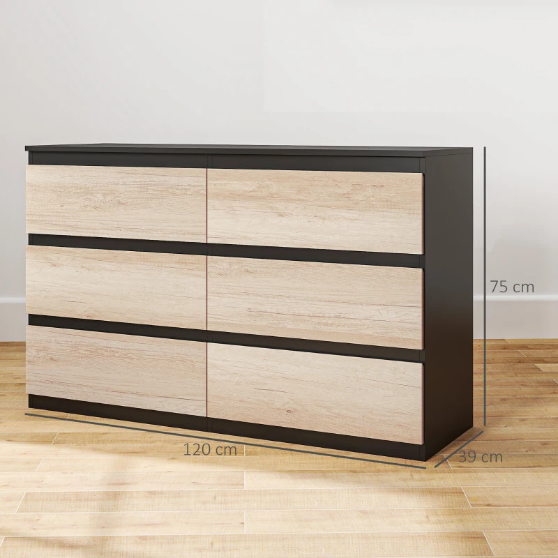 HOMCOM Comodă cu 6 Sertare și Picioare Antiderapante din Lemn, 120x39x75 cm, Negru(m-3)