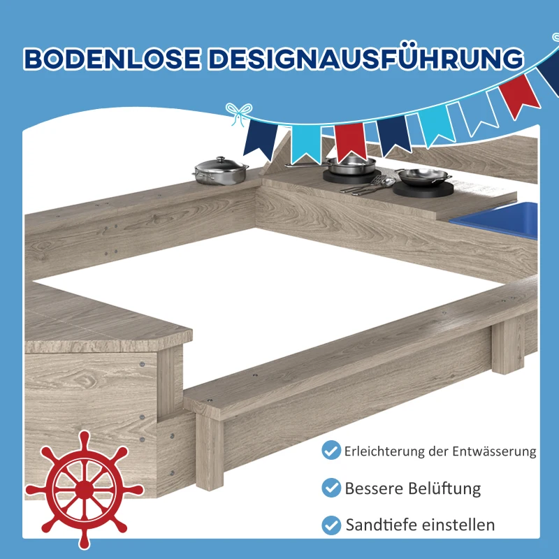 Outsunny Piaskownica Piracki Statek z Daszkiem i Zestawem Kuchennym dla Dzieci, Drewno, 180 x 103 x 144,5 cm, Szara