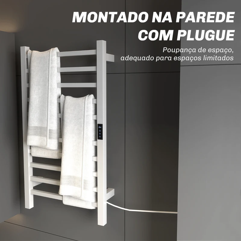 HOMCOM Toallero Elétrico de Parede 110W com Controlo WIFI Ecrã Tátil Temporizador 10 Barras Temperatura Ajustável Baixo Consumo IPX4 45x11x80 cm  Branco