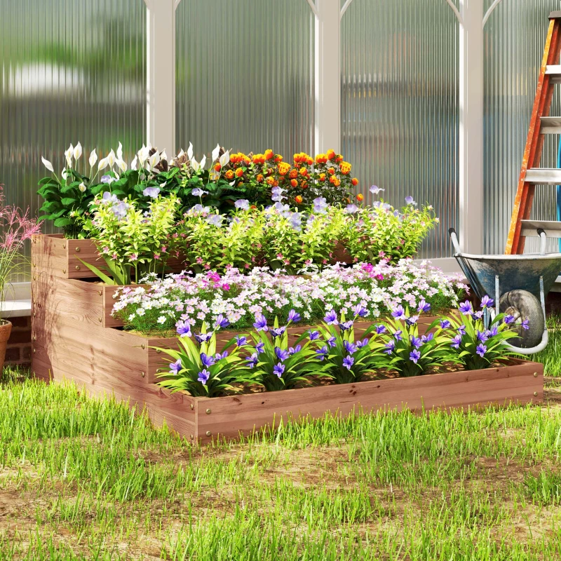 Outsunny Floreira de Madeira Elevada de 4 Níveis com Desenho em Escada para Cultivos Plantas e Flores  113x113x46 cm Castanho Escuro
