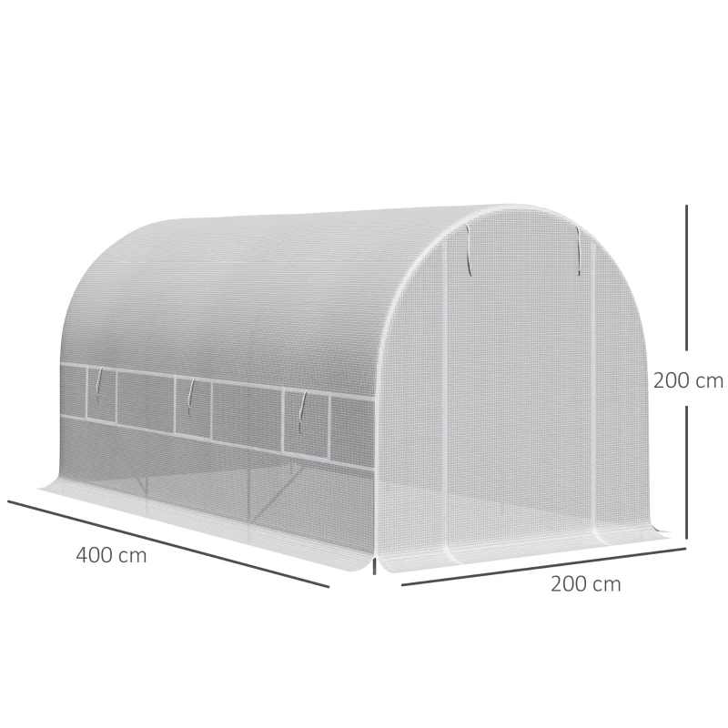 Outsunny Estufa Tipo Túnel 400x200x200cm Estufa de Jardim com Portas Enroláveis e 6 Janelas Cobertura de PE 140 g/m² Estrutura de Metal para Cultivo de Plantas Verduras Branco