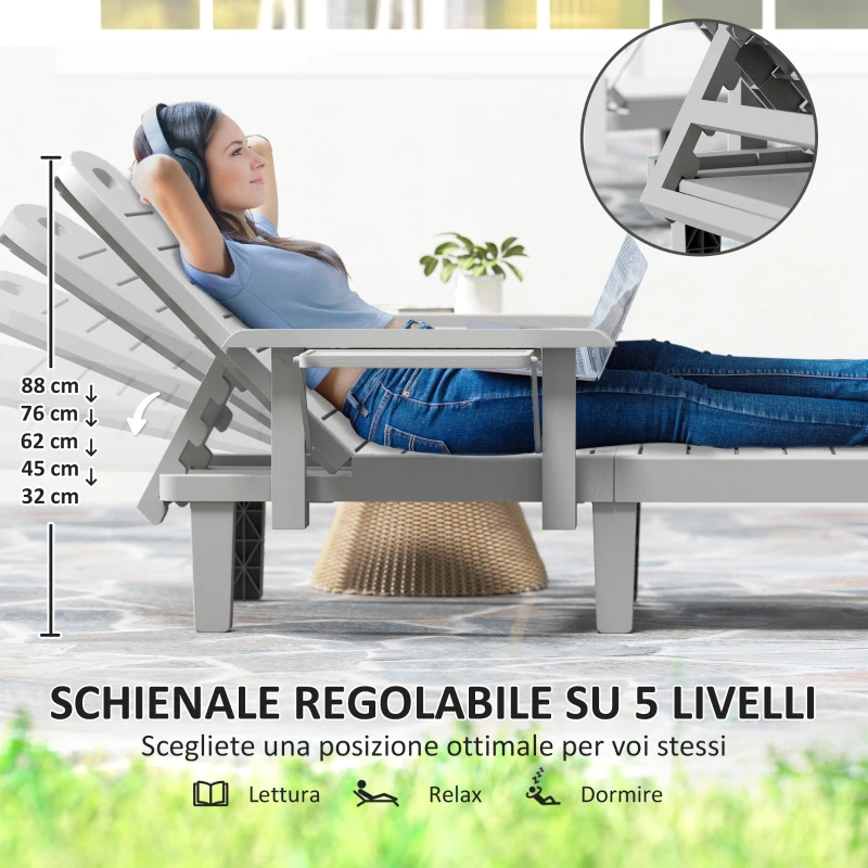 Outsunny Set 2 Sdraio da Giardino Regolabili con Tavolino e Braccioli, in Polipropilene, 79x158x88 cm, Grigio Chiaro