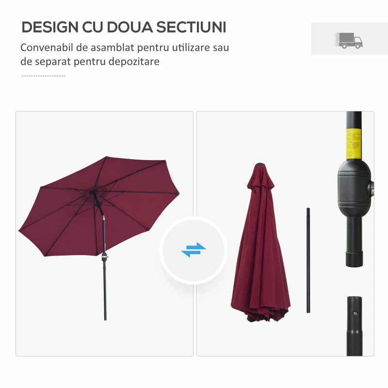 Outsunny Umbrelă de Grădină Înclinabilă pe 3 Unghiuri cu Manivelă, Ø265x240 cm, Roșu