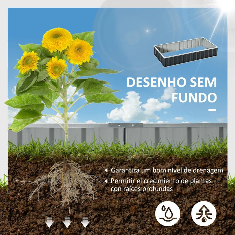 Outsunny Caixa de Plantio de Aço Inclui Luvas Caixa de Plantio Retangular para Cultivos de Plantas e Flores para Terraço Balcão Exterior 174x90x30 cm Cinza