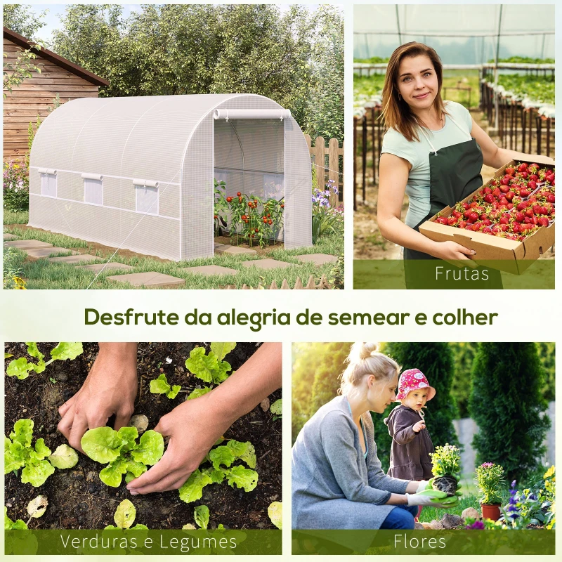 Outsunny Estufa Tipo Túnel 400x200x200cm Estufa de Jardim com Portas Enroláveis e 6 Janelas Cobertura de PE 140 g/m² Estrutura de Metal para Cultivo de Plantas Verduras Branco