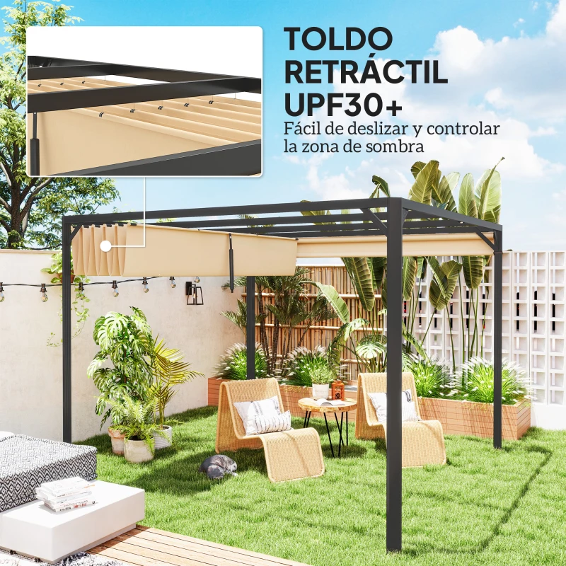 Outsunny Pérgola Retráctil de Aluminio 3x3 m con Techo Ajustable Cortina Enrollable y Protección UV para Jardín o Terraza Caqui