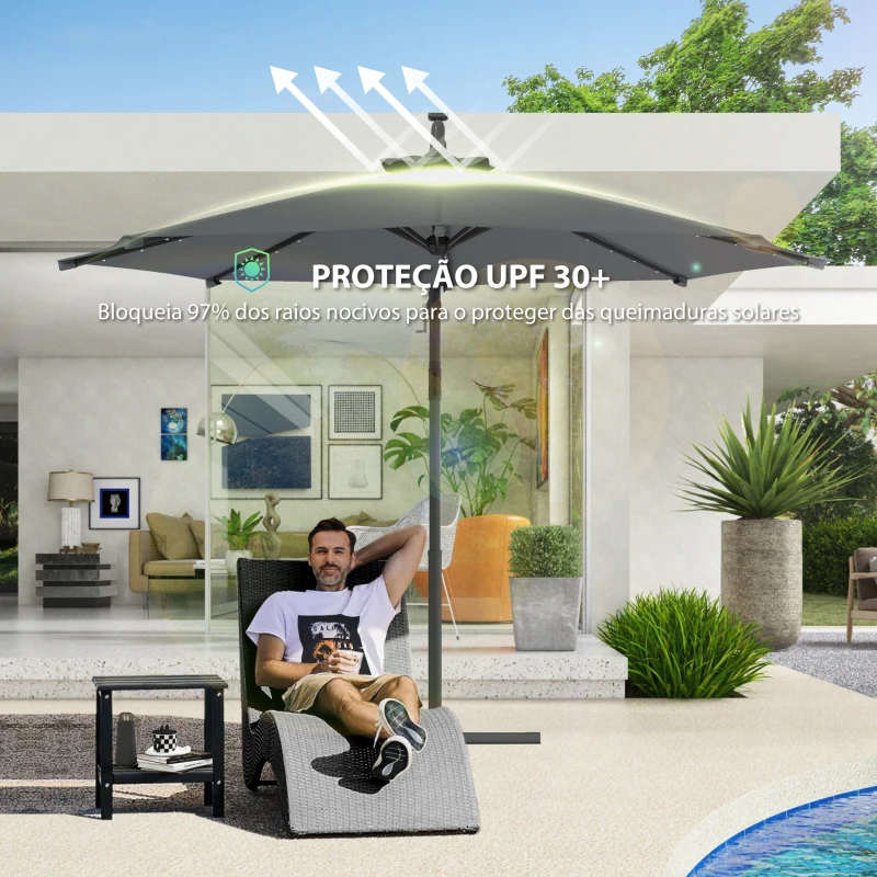 Outsunny Chapéu de Sol Excêntrico  Ø294 cm com 32 Luzes LED Solares Base Cruzada e Capa de Proteção Anti-UV 30+ Cinza Escuro