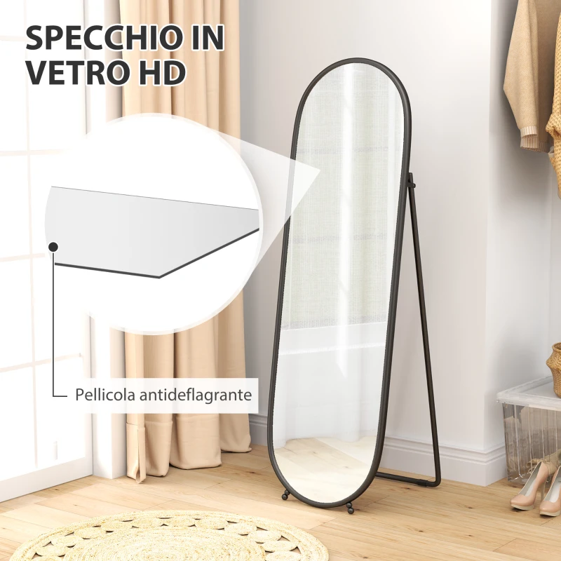 HOMCOM Specchio a Figura Intera da Terra con Supporto Pieghevole, in Vetro e Metallo, 40x41x159 cm, Nero